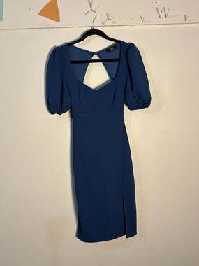 002-0003 VNTG Blue Midi Dress with Puff Sleeves and Open Back